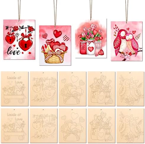COCHIE 10 Pieces Large Valentines Day Unfinished Wood Crafts to Paint for Adults, Bulk Predrilled Wooden Ornaments for Painting, Heart Pattern Paintable Wood Slices Craft Supplies with Ropes by COCHIE