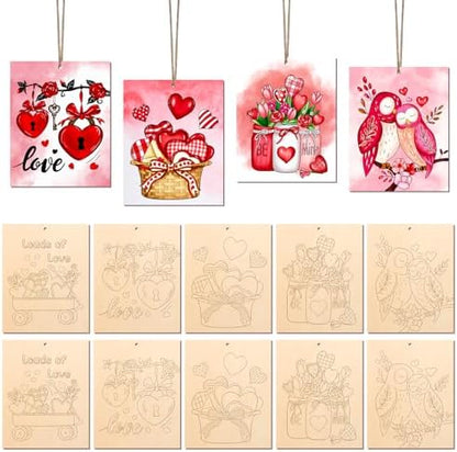 COCHIE 10 Pieces Large Valentines Day Unfinished Wood Crafts to Paint for Adults, Bulk Predrilled Wooden Ornaments for Painting, Heart Pattern Paintable Wood Slices Craft Supplies with Ropes by COCHIE