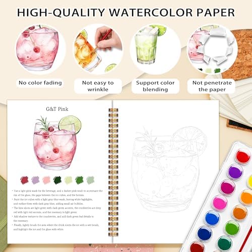 Easy Cocktail Watercolor Workbook for Beginners, Water Coloring Book, 18 Colors Watercolors Paint Set, 12 Patterns Watercolor Kit for Beginners, Creative Art Gift for Adults Women Teen - Image 3