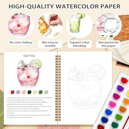 Easy Cocktail Watercolor Workbook for Beginners, Water Coloring Book, 18 Colors Watercolors Paint Set, 12 Patterns Watercolor Kit for Beginners, Creative Art Gift for Adults Women Teen - Image 3