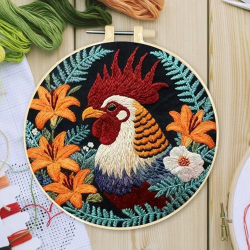 FRANDEK DIY Flower Rooster Stamped Embroidery Kit with Hoop for Adults - Image 3