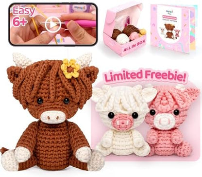 Mewaii Crochet Kit for Beginners, 3 Pack Highland Cows Craft Set by Mewaii