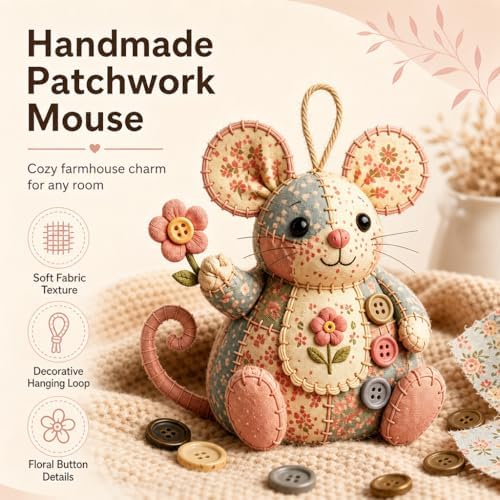 Patchwork Mouse DIY Kit, Handmade Sewing Craft Set,Cute Mouse Ornament DIY Kit,with Floral Fabric, Stuffing, Buttons, for Adults, Beginners,Gift for Birthdays, Holidays (A) - Image 5