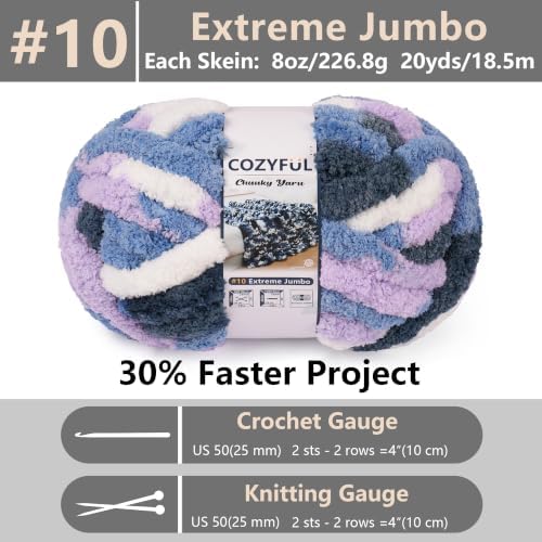 Cozyful Chunky Yarn for Hand Knitting - #10 Chunky Chenille Blanket Yarn, Jumbo Big Thick Chunky Yarns for Crocheting, Tie Dye Bulky Knit Yarns, 8 Skein (20 yds 8 oz Each Skein), Multi Blue&Purple - Image 2