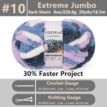 Cozyful Chunky Yarn for Hand Knitting - #10 Chunky Chenille Blanket Yarn, Jumbo Big Thick Chunky Yarns for Crocheting, Tie Dye Bulky Knit Yarns, 8 Skein (20 yds 8 oz Each Skein), Multi Blue&Purple - Image 2