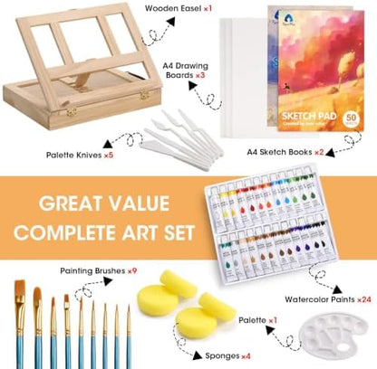 Watercolor Paint Set with Wooden Tabletop Easel, Portable Painting Supplies - Image 2