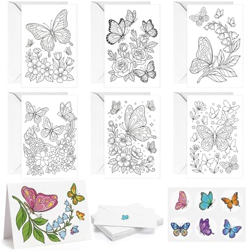 Gueevin 24pcs Butterfly Coloring Greeting Cards with Envelopes and Stickers Butterfly Color Your Own Postcards 4 x 6 Flower Thank You Note Cards for Adults Wedding Birthday Gifting DIY Crafts Mailing by Gueevin