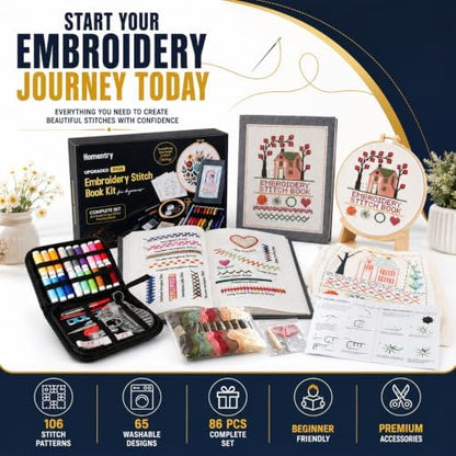 Homentry Embroidery Kit for Beginners | Gift Box with Full Set | Video Tutorial, 3pcs Hoops, 106 Patterns, 65 Water Soluble Designs, 86PCS Sewing Supplies | Starter Cross Stitch Book Kit - Image 3