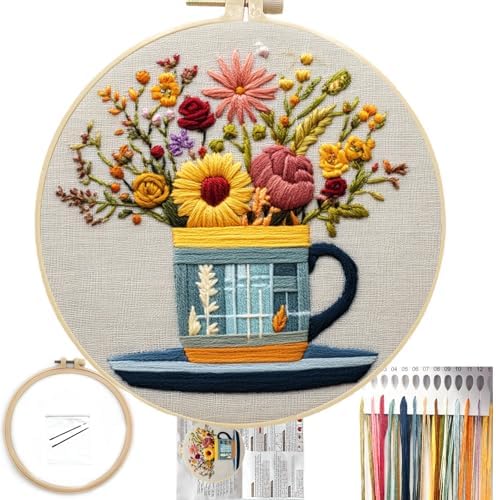 FONNUY Floral Embroidery Kit for Beginners, Colorful Flowers Pre-Stamped Pattern Kits for Adults with Hoop, Thread Needlework, 8'' Hoop (Cup) by FONNUY
