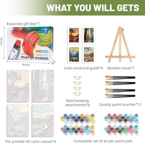 4 Pack Framed Paint by Numbers Kit for Adults Beginner with Wooden Easel, National Park Easy Adult Paint by Number Kits with Frame, DIY Number Painting for Adults Canvas for Home Decor Gift 8x12 Inch - Image 4