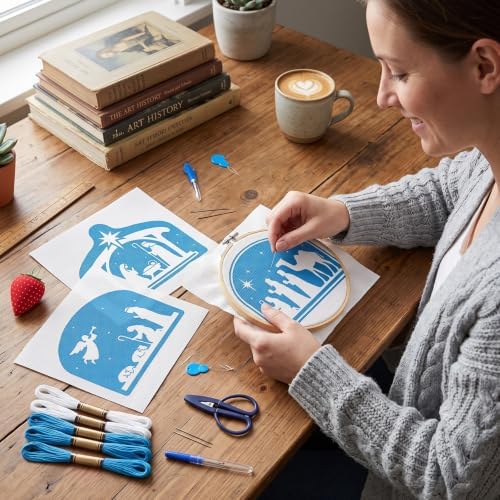 XunYee 71 Pcs Blue and White Nativity Needlepoint Kit for Beginners Adults - Image 6