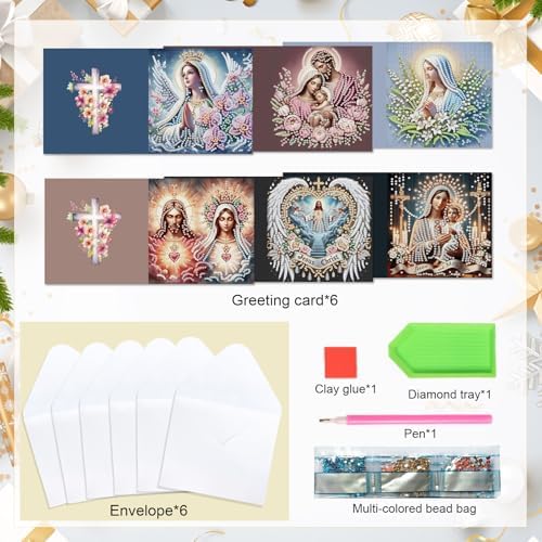 6 Pcs 5D Rhinestone Painting Greeting Cards Kits, Handmade Diamond Art Greeting Cards with Envelopes Holographic Laser Effect DIY Diamond Art Crafts Birthday Cards for Festival Celebrations (Religion) - Image 3