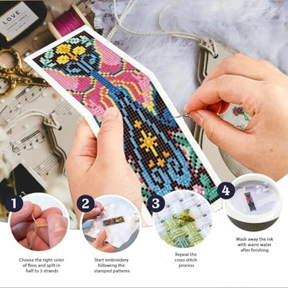 INFUNLY 6Pcs Cross Stitch Bookmark Kit 3x8.5 Inch Butterfly Stamped Embroidery Starter Set for Adults DIY Fabric Needlepoint Bookmark with 16 Colors Floss Scissor Threader Backing Felt for Book Lovers - Image 4