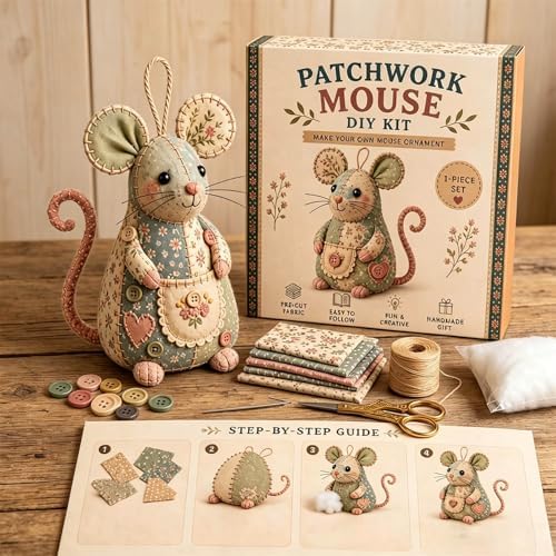 Patchwork Mouse DIY Kit Sewing Craft Set with Pre-Cut Floral Fabric, Stuffing & Buttons for Adults Beginners Creative Hobby Gift for Craft Lovers (C) - Image 3