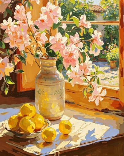 Still Life with Pink Flowers and Lemons Paint by Numbers Kit for Adults Beginner 24colors 16x20 inch Framed by Unknown