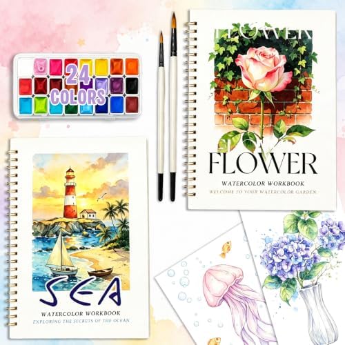 2 Pack Watercolor Workbooks for Beginners with 24 Paint Colors & Pens by Cocurb