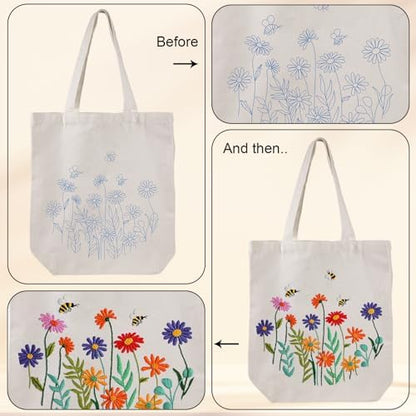 Louise Maelys Bee and Flowers Embroidery Kit for Beginners Canvas Tote Bag - Image 4