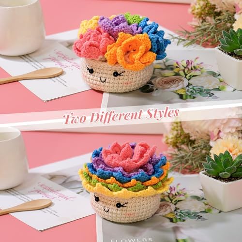 LOMOHOO Crochet Kit for Beginners, 6PCS Crochet Coasters Kit, Flower Potted Plant Crochet Kit with Crochet Hook, Colorful Yarn, Stitch Marker, Instruction, Craft Lover DIY Material Tools(Colorful) - Image 4