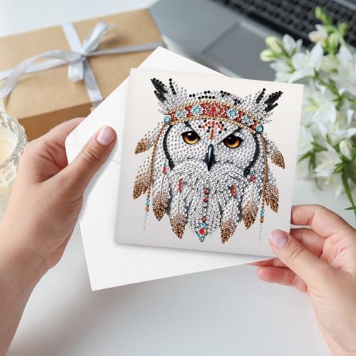 Tontut 6pcs Diamond Art Painting Kit Greeting Card, Battle Feather Owl 5D DIY Special Shape Diamond Painting Christmas Birthday Greeting Card Creative Gifts - Image 5