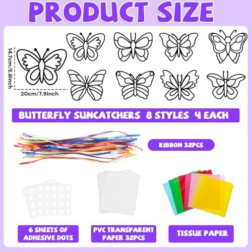 Lonfliness 32 Sets Butterfly Suncatcher Craft Kit DIY VBS Window Stain Glass Effect Paper Butterfly Sunday School Classroom Decors Spring Easter Art Craft Creative Activity Project Kid Gift Favor - Image 2