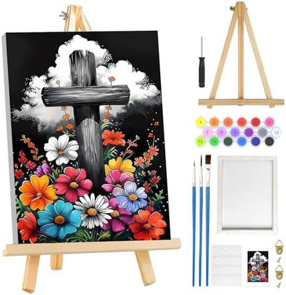 MOGTAA Cross Paint by Numbers Kit for Adults Beginners with Frame, Flowers Adult Paint by Number Kits on Canvas with Easel, Easy DIY Oil Painting Kits for Home Decor, 8x12in by MOGTAADIYHomeDecor