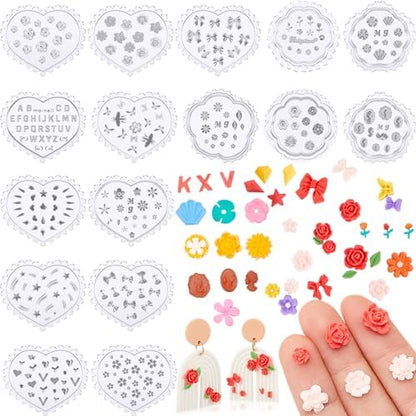 Zeyune 16 Pcs Summer Small Flower Polymer Clay Molds, Mini 3D Silicone Resin Casting Molds for Earring Making Jewelry DIY, Includes Alphabet, Flower, Heart and Bow Shapes(Cameo & Rose) by Zeyune