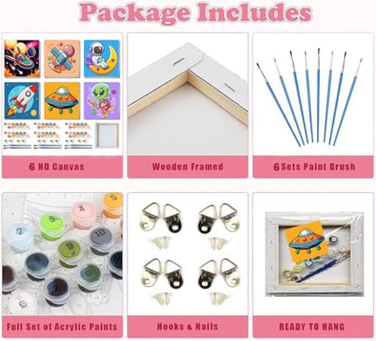 MXCFZX 6 Pack Paint by Numbers Kit for Kids with Frame,Cartoon Rocket Ship Painting Kits for Ages 6-12,Alien Easy DIY Acrylic Paint by Number Kids Paint for Beginner,Perfect for Wall Decor(8X8inch) - Image 5