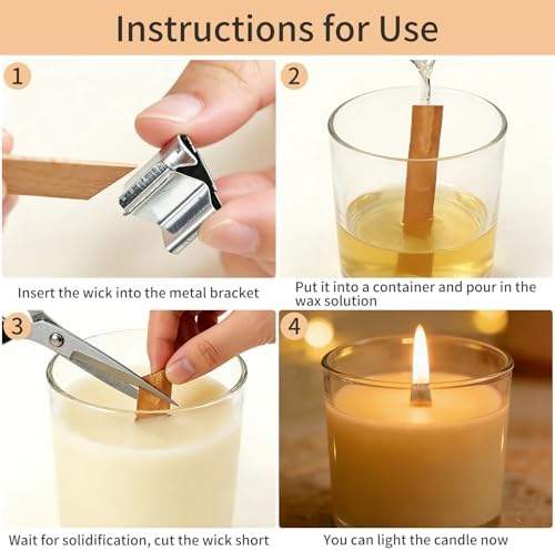 140 Pcs Wooden Candle Wicks Kit, Includes 50 Wood Wicks (5.1 x 0.5in), 50 Iron Stands and 50 Wick Stickers, Naturally Smokeless Candle Cores for DIY Candle Making - Image 3
