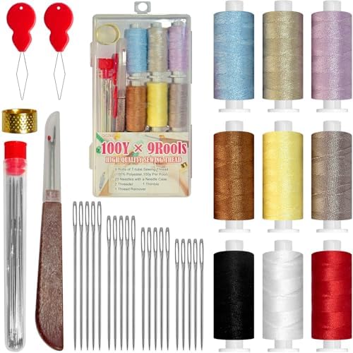QCZKB Steel Needles Sewing kit for Hand Sewing, with 25 Stainless Big Eye Steel Sewing Needles kit, 1 Seam Ripper for Sewing Thread, 2 Needle Threaders, 9 Threads, 1 Thimbles by QCZKB