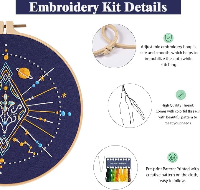 GLTAYLMY 3 Set Tarot Embroidery Starter kit with Patterns and Instructions, DIY Adult Beginner Cross Stitch Kits, Including 1 Plastic Embroidery Rings,Colored Threads and Needles - Image 2