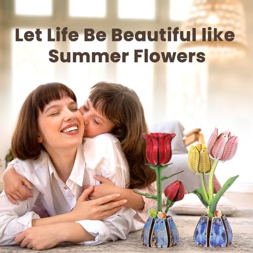 Jege 3D Flowers Wooden Puzzles for Adults,DIY Wooden 2 Flowers per Kit Building Set for Home Decor, Creative Craft Gift Toys Kits with 2 Perfume Bottles and Diffuser Sticks (Rose + Tulip) - Image 3