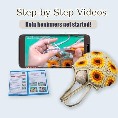 Anbaagsky Crochet kit for Beginners Sunflower Tote Bag Granny Square Crochet Tote Bag with Step-by-Step Video Tutorials Knitting Kit Beginner Crochet Kit for Adults - Image 4