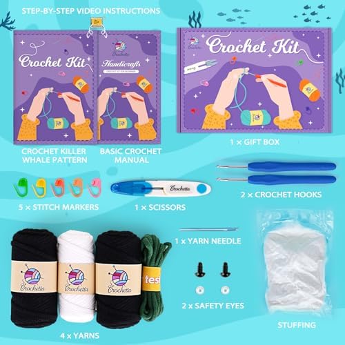 Crochetta Crochet Kit for Beginners, Crochet Starter Kit w Step-by-Step Video Tutorials, Beginner Crochet Kit for Adults Kids Women Men Complete Kit Included (Killer Whale) - Image 3