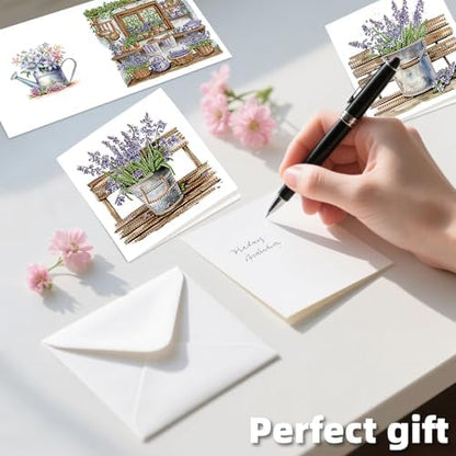 C'eitura 12Pcs Lavender Diamond Art Painting Greeting Card Kit with Envelopes, DIY Floral Christmas Birthday Thanksgiving Card Making Set, Calming Handmade Card Craft - Image 4