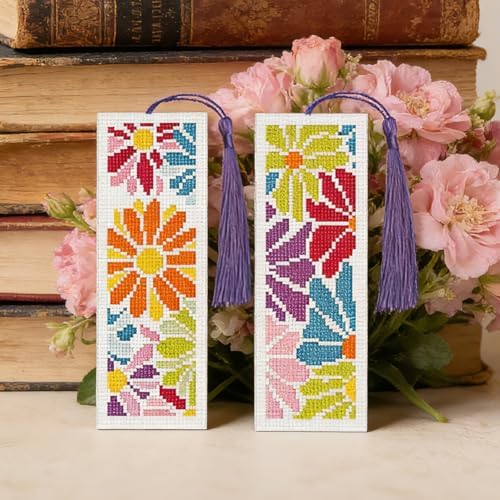 INFUNLY 6 Pcs Colorful Flower Cross Stitch Bookmark Kit with Tassels, Stamped Pre-Printed Floral Embroidery for Adults Beginners, DIY Tool Set with Floss Scissors Needles, Craft Gift for Book Lovers - Image 6