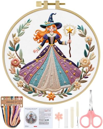 ERKOON Embroidery Kit for Beginners Adult, Cross Stitch Set Include Embroidery Cloth Hoops Threads for Craft Lover Hand Stitch with Embroidery Skill Techniques (White Witch) by ERKOON