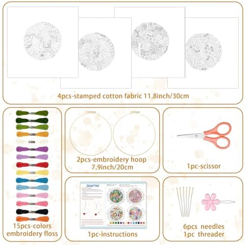 BEUNITONE 4 Set Covered Flower Embroidery Kit for Beginners 7.9"x7.9" - Image 2