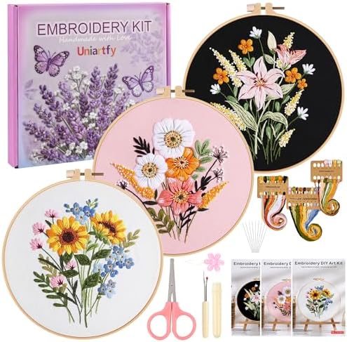 Uniartfy 3 Sets Embroidery Kit for Adults, Flower Pattern Embroidery Practice Kits for Beginners, Needlepoint Cross Stitch Kits Include Hoop, Colorful Threads, Tools, Easy to Learn Video & Instruction by Uniartfy