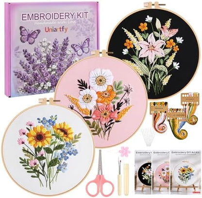 Uniartfy 3 Sets Embroidery Kit for Adults, Flower Pattern Embroidery Practice Kits for Beginners, Needlepoint Cross Stitch Kits Include Hoop, Colorful Threads, Tools, Easy to Learn Video & Instruction by Uniartfy