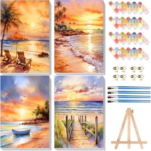 4 Pack Framed Paint by Numbers Kit for Adults Beginners, Beach 8x12 inch by Arttoplus