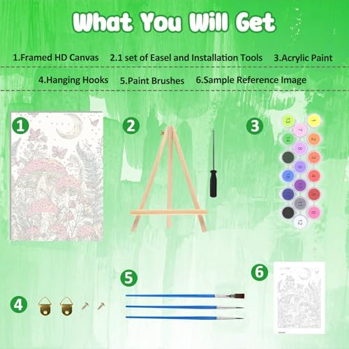 MAXBYE Mushroon Paint by Numbers Kit for Adults with Frame and Wooden Easel, Easy Moon Painting Numbers Art Kits on Canvas, DIY Forest Acrylic Painting Kit for Gift Home Wall Garden Decor 10×14 in - Image 6