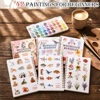 Landhoow 3 Pcs Watercolor Workbooks for Beginner with 36color Paint Brush - Image 5