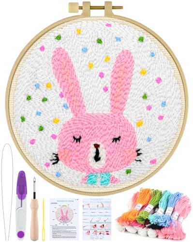 ERKOON Punch Needle Kit Adults Beginners, DIY Easy Animals Embroidery Set for Starter Art Craft, Needling Punch Project with Patterns, Tools, Yarns, Hoop, Instruction (Rabbit) by ERKOON