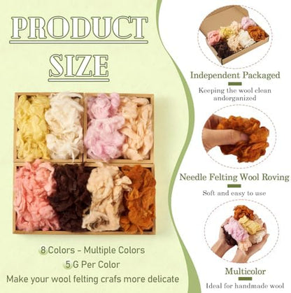 Beadthoven 8 Colors Felting Wool Roving 40G Curly Wool Needle Felting Wool Roving Yarn Kit Fiber Wool Roving for Doll Hair, Animals, DIY Hand Spinning, Wet Felting, Weaving Materials Warm Color - Image 2