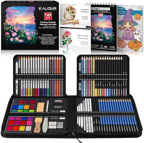 KALOUR 140 Drawing Set Sketching Kit,Art Supplies with 3-color Sketchbook & Coloring Paper,Include Tutorial, Colored, Graphite, Charcoal, Watercolor & Metallic Pencil,for Artists Adults Teens Beginner by KALOUR