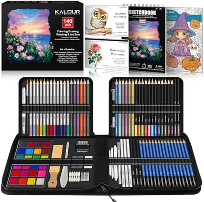 KALOUR 140 Drawing Set Sketching Kit,Art Supplies with 3-color Sketchbook & Coloring Paper,Include Tutorial, Colored, Graphite, Charcoal, Watercolor & Metallic Pencil,for Artists Adults Teens Beginner by KALOUR