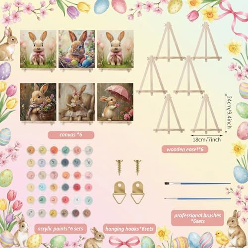 YooNotee 6 Pack Easter Paint by Numbers Kit Canvas with Wooden Easels & Brushes, 8 x 8 inches Easter Canvas Set for Adults Easy Acrylic Paint Kit Beginner for Rabbit Home Decor - Image 2