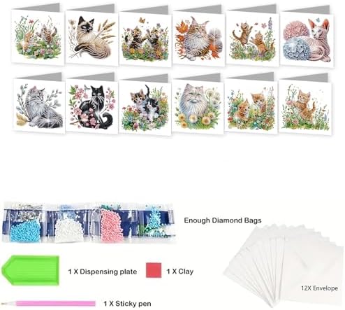 jinglinhh 12pcs Sphynx Cat Diamond Art Painting Kitten in the Flower Garden Greeting Cards with Envelopes, DIY Card Making Kits for Adults, Diamond Art Christmas Birthday Holiday cards Craft Gifts - Image 3