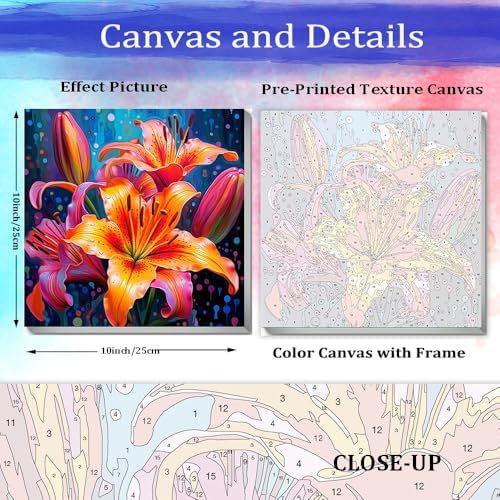 JUJUHOOD Lily Flower Paint by Numbers Kit for Adults Beginner & Kids Ages 8-12,Flower Paint by Number Without Easel, Acylic Paint by Numbers for Gift Home Wall Decor (10x10Inch) - Image 4