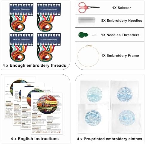 Maydear 4 Pack Embroidery Starter Kit with Pattern, Stamped Cross Stitch Kits for Beginners Adults with Embroidery Hoop and Instructions, Hand Embroidery Kit (Embroidery kit flower2) - Image 5